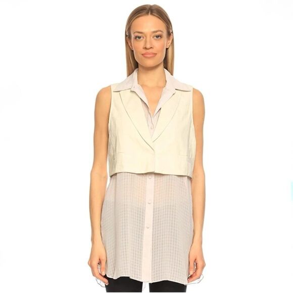 Elegant Cream and Gray Sleeveless Blouse - Picture 2 of 6